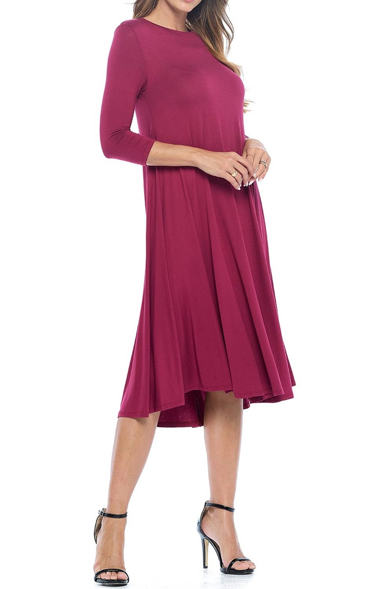 iconic luxe Women's Swing Midi Dress â€“ 3/4 Sleeve Flowy A-Line Tunic â€“ Soft, Stretchy, Comfortable, and Versatile Casual Dress for Everyday Wear Small Burgundy - Image 4